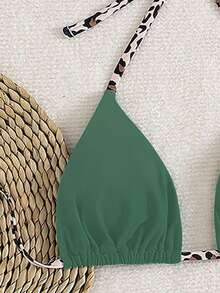 2pcs Minimalist Sexy Halter-Tie Leopard Print Women's Bikini Swimsuit - Dark Green - View 5