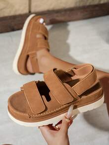 双向魔术贴女士夏季凉鞋，新款时尚露趾休闲百搭户外沙滩拖鞋 - 棕色 - 查看 1