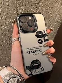 1pc Star & Lip English Text Pattern Colorful Silver IMD Shockproof Phone Case, Compatible With IPhone 11 12 13 14 15 16 17 Pro Max, Unisex - Multicolor - View 1