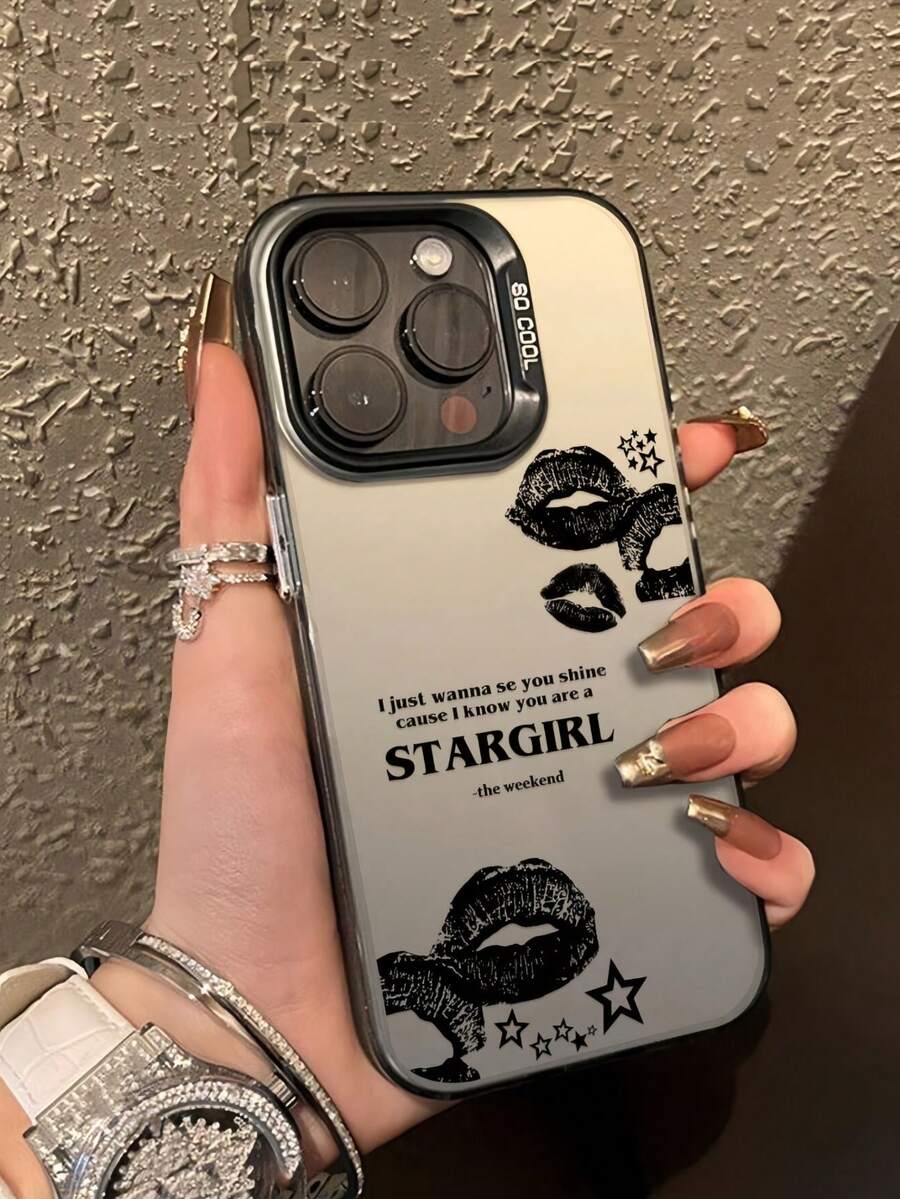 1pc Star & Lip English Text Pattern Colorful Silver IMD Shockproof Phone Case, Compatible With IPhone 11 12 13 14 15 16 17 Pro Max, Unisex - Multicolor - View 1