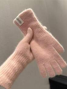 女士保暖触屏露指手套一双，纯色针织加厚加长款，适合秋冬季节佩戴。