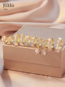 Hihho 10 件/套简约金环耳环，心形和花朵设计耳环，可爱的五瓣花耳钉，适合女孩日常佩戴和情人节礼物 - 金黃色 - 查看 9