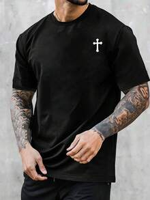男士简约十字印花短袖T恤，舒适透气，时尚夏季穿着 - 黑色 - 查看 3