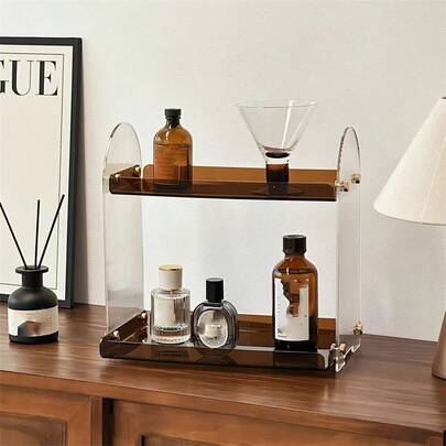 1个亚克力双层展示架，多层化妆品收纳架，亚克力杯架，适用于台面、客厅/卧室/浴室透明收纳架