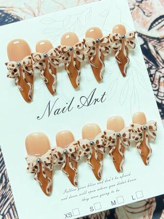 10 st handgjorda press-on naglar, söta naglar, lösnaglar, spetsiga naglar, långa naglar, 3D tredimensionell rosettdekoration, enkel och feminin, lämplig för flickors dagliga nagelkonst och dejtnagelkonst, inkluderar gelégel och nagelfil.