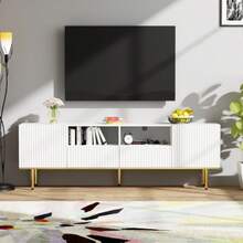 Modern TV Stand With Legs And Gold Details. Description - White - View 1