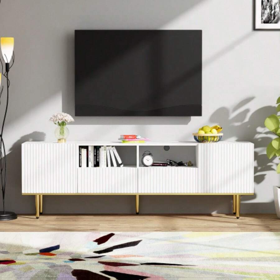 Modern TV Stand With Legs And Gold Details. Description - White - View 1