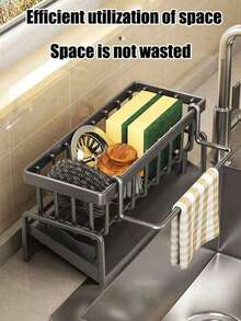 1个厨房水槽置物架，碳钢和哑光黑色ABS防锈材质，可放置海绵、刷子、肥皂、抹布，无需钻孔即可挂在水龙头上，是公寓租户必备的节省空间清洁配件。 - 多色 - 查看 3