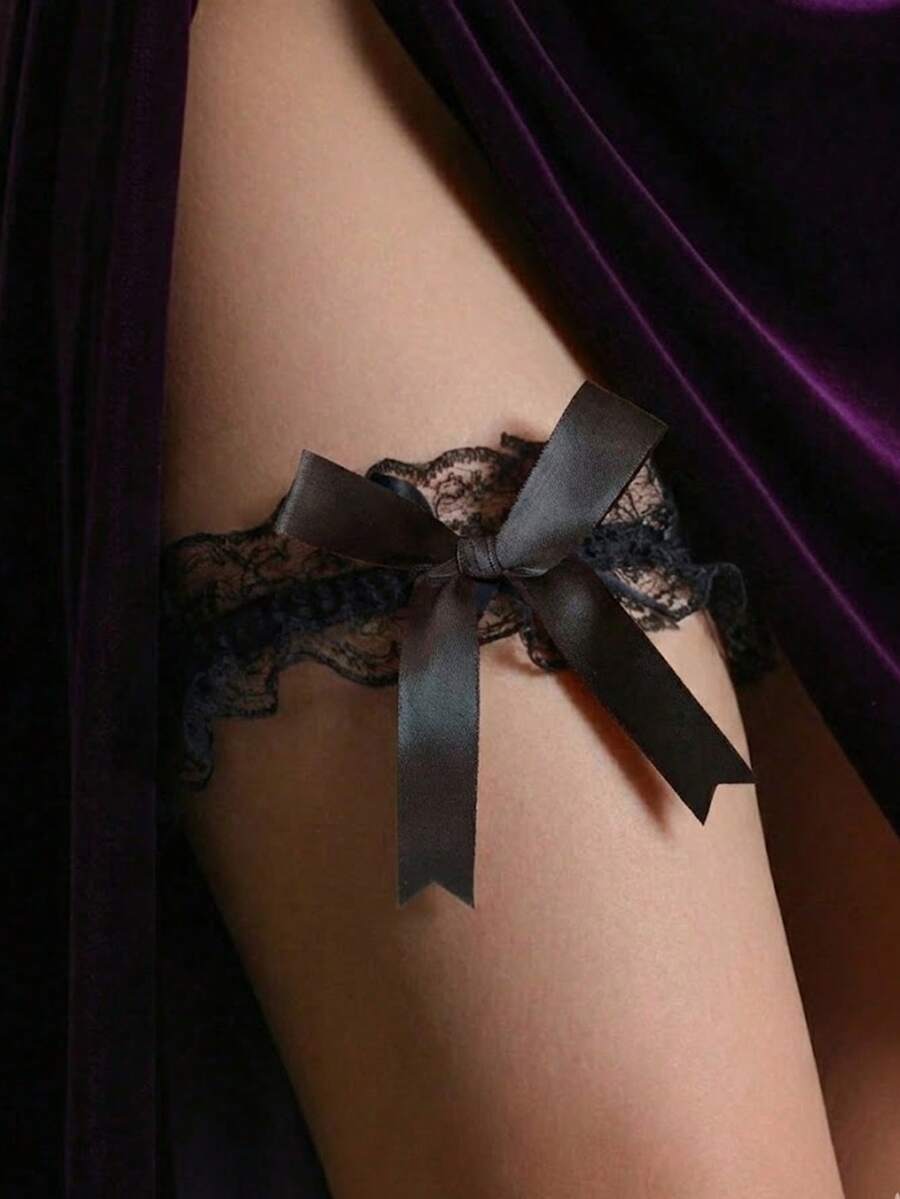 2件套性感黑红蕾丝腿套，女士弹力大腿带，适合派对、万圣节、圣诞节等场合 - 彩色 - 查看 1
