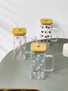 1pc Ins Style Bow & Heart Glass Straw Cup, Transparent Handle Water Cup, Breakfast Milk Cup, Office Water Cup, Home Afternoon Tea Coffee Cup, Juice & Cold Drink Cup, Couple Water Cup, Holiday Gift Cup, Gift For Family And Friends