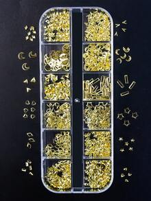 1盒星月心形三角方形铆钉，用于指甲和脚趾甲装饰，3D金色金属朋克美甲饰品，12格美甲亮片饰品，DIY美甲宝石，美甲用品 - 金色 - 查看 2