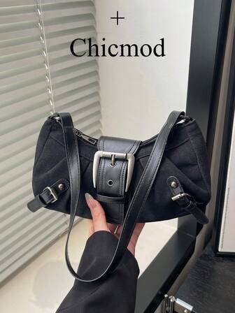 1个女士复古摩托朋克铆钉装饰可调节肩带大容量柔软仿油皮渐变色单肩/腋下包，适合工作、通勤、约会、派对等场合。