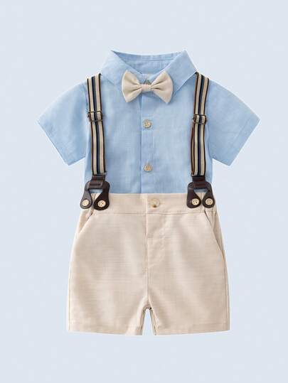BOARNSEORL 两件套男婴绅士套装 - 短袖衬衫配领结和卡其色背带裤，时尚可爱，适合生日派对、正式场合和婚礼。