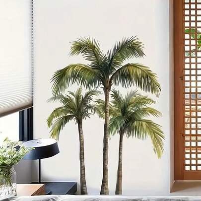 1pc Tropical Palm Tree Wall Sticker - Vibrant Green Foliage, Modern Beach Scene For Living Room Decor, Self-Adhesive Vinyl, Glossy Finish, Easy Installation, Ideal For Home And Office Decor, Office Decoration | Tropical Theme | Glossy Finish Sticker, Beach Accessories