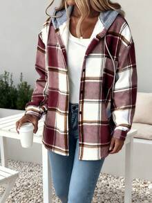 Women's Plaid Hooded Sherpa-Lined Jacket - Multiple Colors, Loose Fit, Long Sleeve, Button Front, Fall/Winter Outerwear | Minimalist Stylish Ladies' Outdoor & Home Jacket, Suitable For Teens & Adults - Đỏ - Xem 2