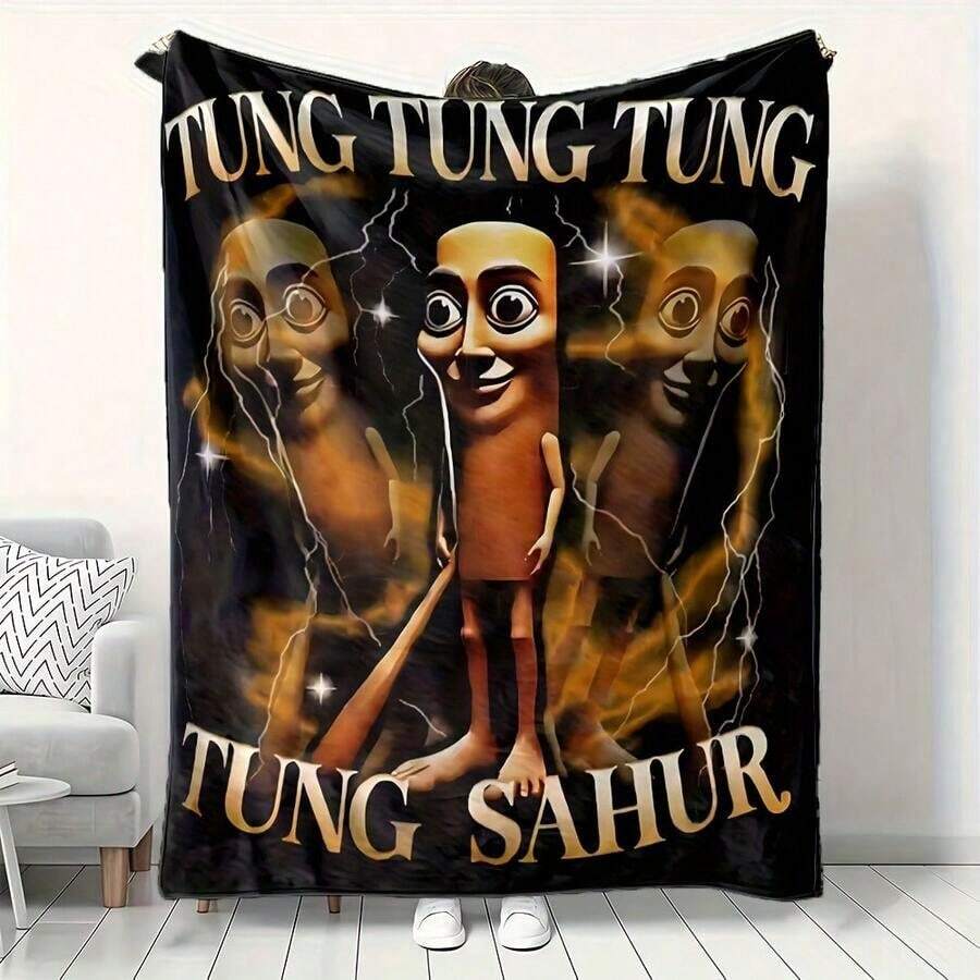 Tung Tung Tung Sahur Blanket Italian Brainrot Flannel Throw Blanket Bedding Couch Personalised Lightweight Bedspreads, - 彩色 - 查看 1