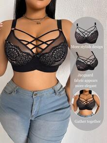 Plus Size Women Lace Wireless Bra, Breathable Non-Slip Front Closure Lift & Support, Adjustable Straps, Seamless Everyday Wear - Black - View 1