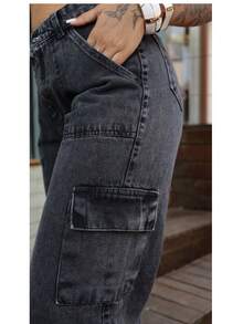 Women's Wide Leg Cargo Jeans With Pockets, Graphite Color - 淺灰色 - View 2