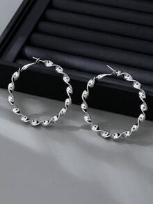 1 par de anillo y aretes de plata esterlina 925 exagerados, aretes grandes de aro con textura retorcida de moda para mujer, adecuados para uso diario y fiestas - Plateado - Ver 6