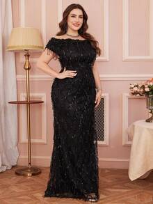 UNITHORSE Đầm cocktail trễ vai tay ngắn, thắt eo, đính sequin, thích hợp cho tiệc cưới mùa xuân, màu đen. - màu đen - Xem 6