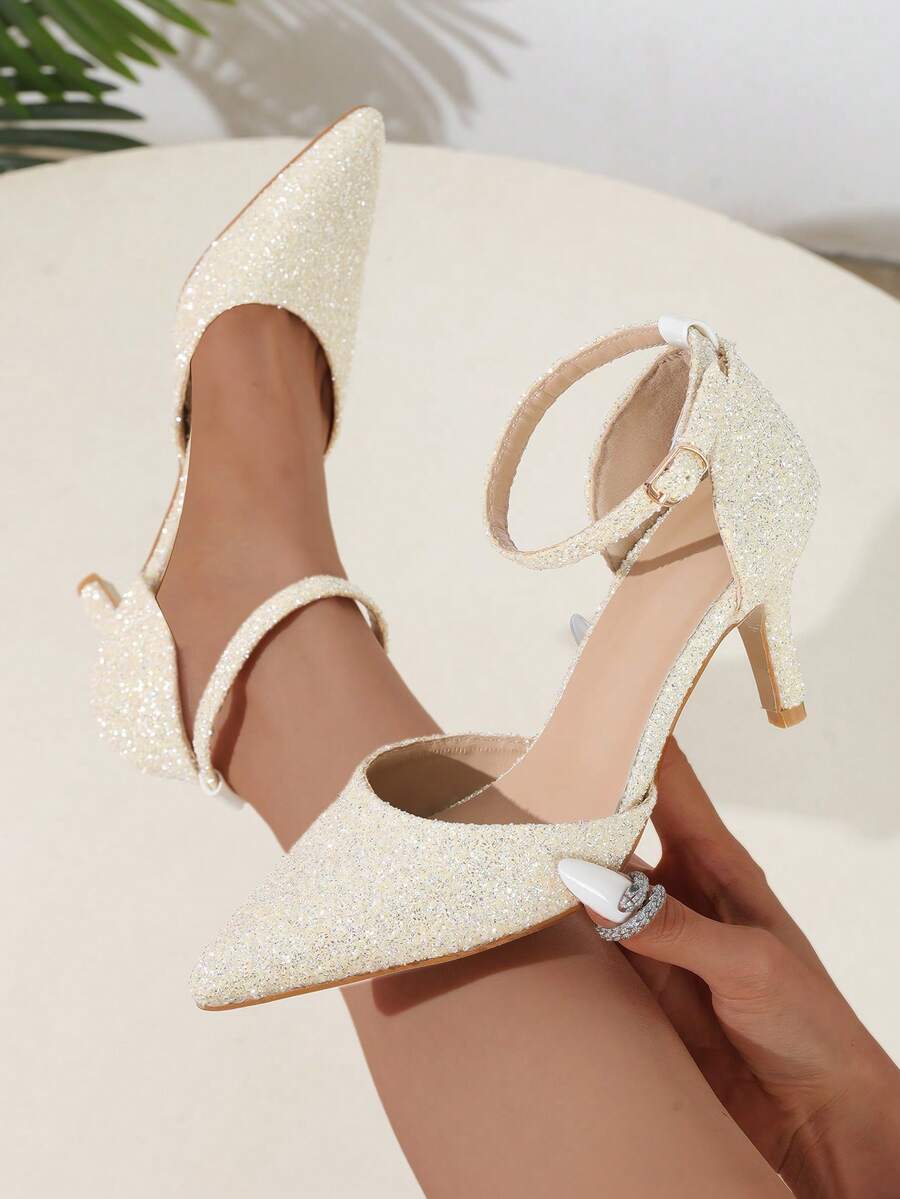 Sequin Single Strap Pointed Toe High Heels, Women's Hollow Out High Heels