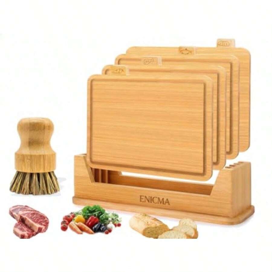 Juego de 4 Tablas para Picar de Bambú con Soporte Tablas de Corte para Carne Verduras Frutas y Queso + Cepillo de Bambú Set de Tablas para Picar Cocina Antideslizantes y Duraderas - Marrn - Ver 1