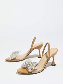 Women's High Heel Shoes, Fashionable And Elegant For Parties, Outdoor Events, And Formal Occasions. Features Include: Stiletto Heel, Round Toe, Sparkling Rhinestones, Oversized Bow Accent, PVC Transparent Glass-Like Material, Textured Stone-Like Pattern, Ankle Strap, Versatile And Suitable For Dresses. Available In Camel Color. - Camel - View 8