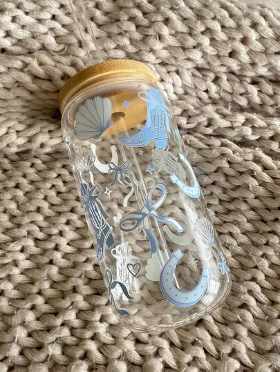 蓝色贝壳蝴蝶结拿铁抹茶玻璃吸管杯，冷饮果汁吸管杯，热饮吸管杯，户外旅行大容量水瓶，精致可爱的奶茶杯，高品质果汁杯，适合春夏秋冬三季——最佳礼品之选