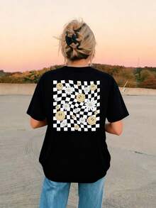 Tween Girls' Casual Apricot Colored Graphic Print Round Neck Short Sleeve T-Shirt, Summer Top - Black - View 7