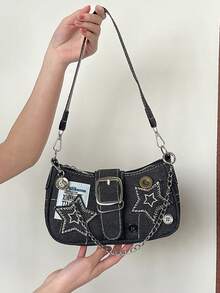 Nueva interpretación de diseño pequeño de bolso de estrella y media luna. Moda de tela con textura de cadena. Destacado para llevar debajo del brazo o en la mano. Uso dual, apto para múltiples escenas. Estilo dulce y moderno, todo a juego. Ligero y se ajusta bien al rostro. Práctico. - Negro - Ver 4