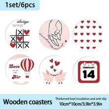 Set de sous-verres en bois pour la Saint-Valentin - Design romantique en forme de cœur, cadeau parfait pour la petite amie. Sous-verres décorés avec des motifs de montgolfière, de fleurs de cerisier et plus encore. Décoration de la Saint-Valentin - Dessous de verre en bois - Voir 9