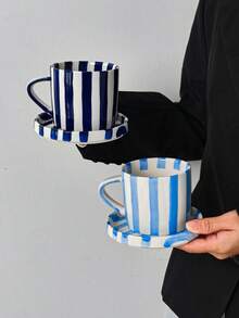 1 Juego de taza y platillo de cerámica a rayas azul y blanco, juego de café/té de color de contraste retro, juego de té de la mañana/tarde con amigos, decoración de apartamento, regalo para compañeros de trabajo - Multicolor - Ver 2