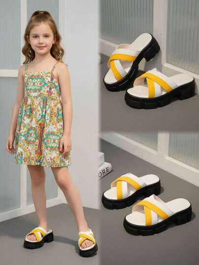 1 Pair Yellow & White Color Block Thick Sole Slippers, Comfortable Soft Leather Criss-Cross Strap, Classic Round Toe 3CM Chunky Heel, Slip-On Design, Fashionable & Cute Casual Beach Sandals, Suitable For Girls Aged 3-15 For Daily, Beach, Holiday Wear, Spring/Summer 2026
