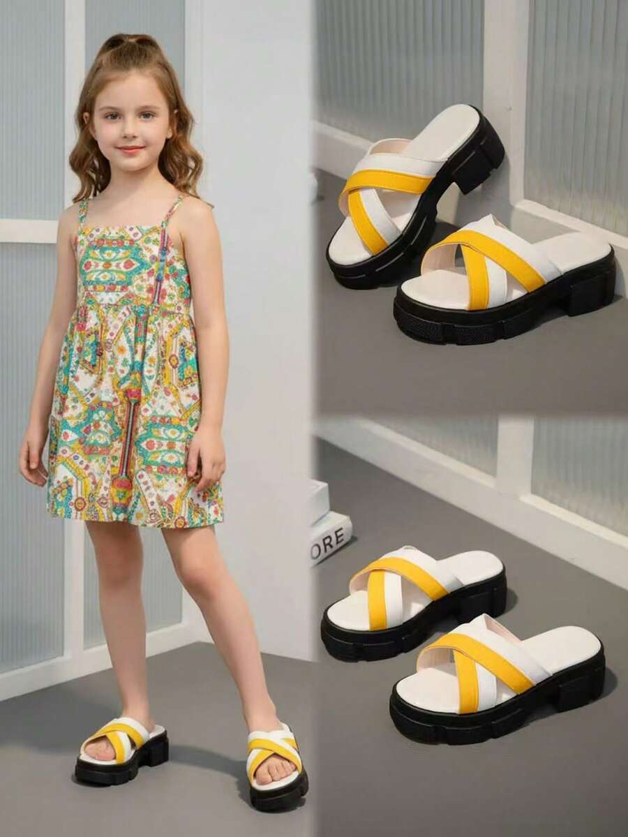 1 Pair Yellow & White Color Block Thick Sole Slippers, Comfortable Soft Leather Criss-Cross Strap, Classic Round Toe 3CM Chunky Heel, Slip-On Design, Fashionable & Cute Casual Beach Sandals, Suitable For Girls Aged 3-15 For Daily, Beach, Holiday Wear, Spring/Summer 2026 - White - View 1