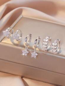 6 件套铜锆石优雅多元素耳环耳钉套装，精致百搭女士派对/约会/礼物配饰 - 銀色 - 查看 18
