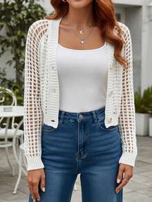 Women's Basic Solid Color Hollow Out Cardigan, Everyday Wear - White - View 2