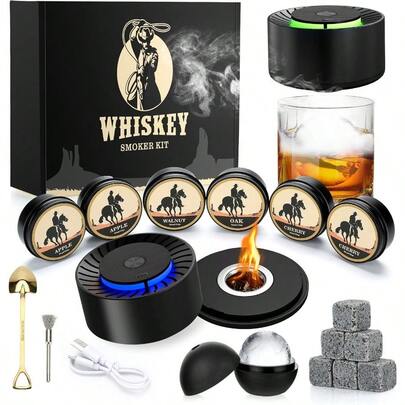 Electric Whiskey Smoker Kit - 6 Wood Chips 6 Whiskey Stones Ice Ball Molds Rechargeable Whisky Smoker Kit Old Fashioned Drink Smoke-R Cocktail Smoke-R Birthday Bourbon Gifts For Men Dad