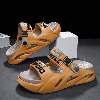 Men's New Summer Outdoor Letter Beach TPR (Thermoplastic Rubber) Applique Couple Thick-Sole Slippers, Vacation Home Outdoor All-Season Elevated Non-Slip Odor-Resistant Sandals