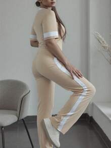 2pcs/Set Plus Size Women's Casual Colorblock Round Neck Short Sleeve Top And High Waist Drawstring Straight Leg Pants, Spring/Summer - Apricot - View 3