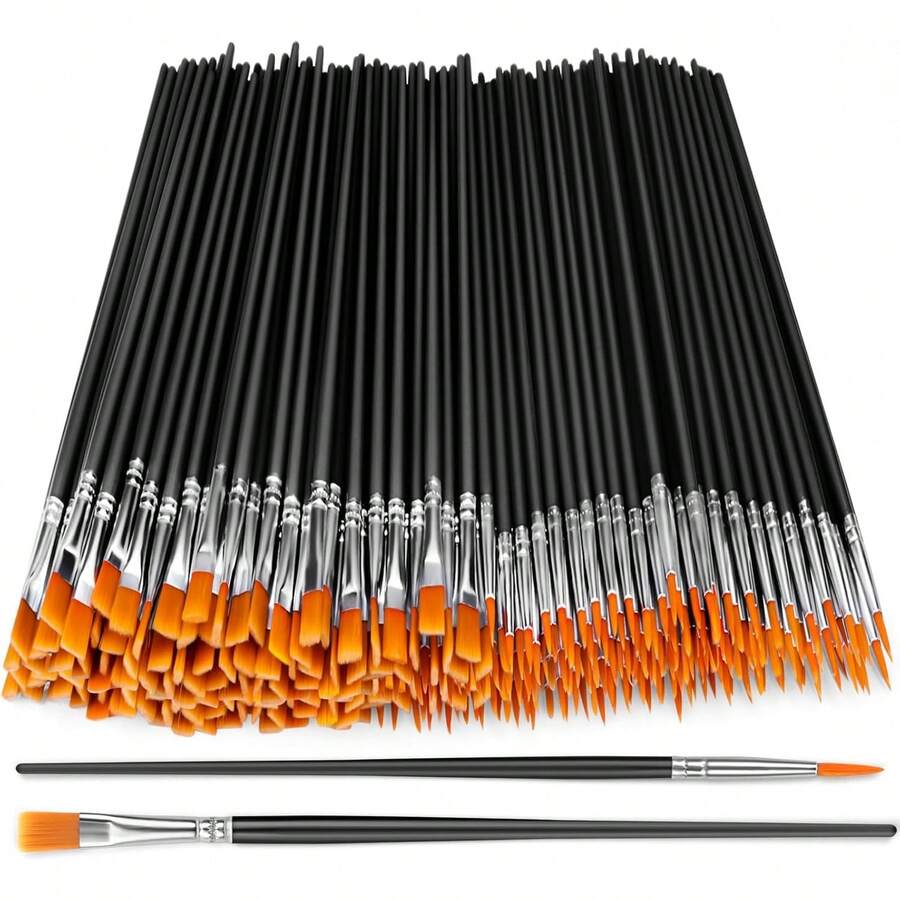 20/100pcs Black Nylon Hair Paint Brush With Flat & Round Tip Acrylic Paint Brush For Oil Painting, Watercolor, Face Artist Professional Set, Craft Paint Brush For Acrylic, Oil Painting, Watercolor, Canvas, Rock Art And Nail Art - Perfect For Artists And Amateurs.
