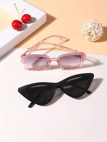 一套两副，男女童款（7-14岁）复古俏皮猫眼方形镜框时尚眼镜，适合家庭旅行