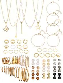 37-92件套优雅复古蝴蝶、心形、仿珍珠、扭结、星星、月亮、水钻、宽链、蛇形链、编织链、几何C形耳环、项链、戒指、手链首饰套装,适合节日、派对、日常佩戴,节日礼物、情人节礼物、女孩生日礼物 - 金色 - 查看 11