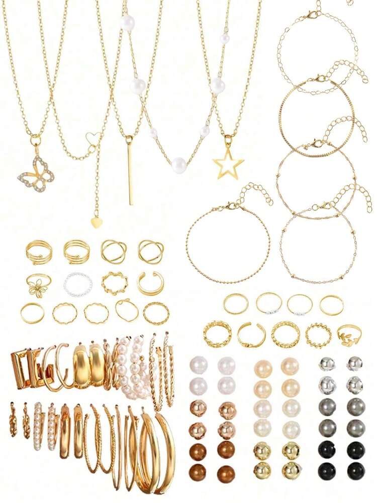 37-92件套优雅复古蝴蝶、心形、仿珍珠、扭结、星星、月亮、水钻、宽链、蛇形链、编织链、几何C形耳环、项链、戒指、手链首饰套装，适合节日、派对、日常佩戴，节日礼物、情人节礼物、女孩生日礼物 - 金色 - 查看 10