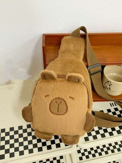 Adorable Capybara Plush Crossbody Bag For Kids, Lightweight Everyday Commuting Shoulder Bag, Featuring An Adjustable Shoulder Strap, Zip Closure, And Polyester Lining. Cartoon Capybara Bag - Coffee Color, Perfect For Valentine's Day, Ramadan, And Returning To School.