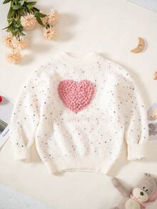 Suéter de manga larga con diseño de corazón y lunares de jaquard para niñas preadolescentes, otoño/invierno - Blanco - Ver 1