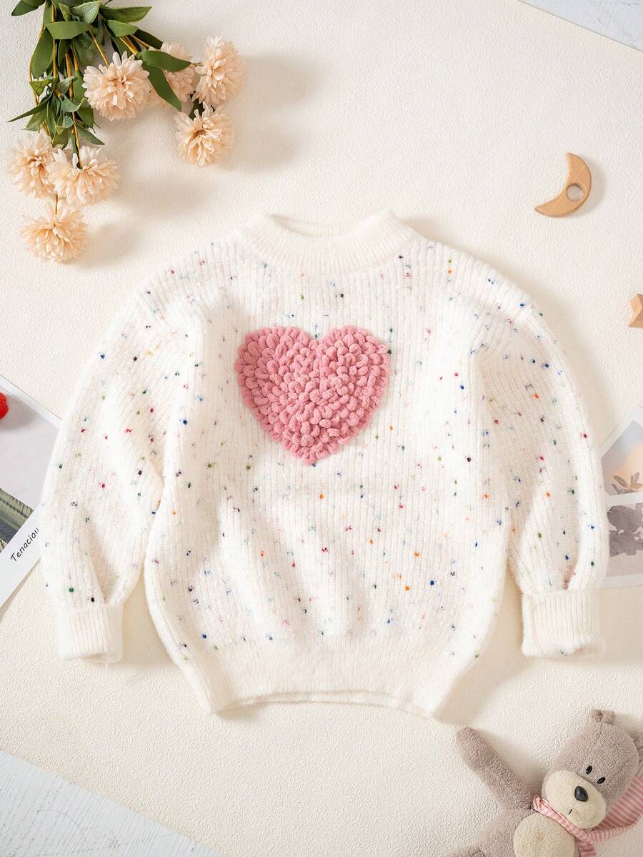 Suéter de manga larga con diseño de corazón y lunares de jaquard para niñas preadolescentes, otoño/invierno - Blanco - Ver 1