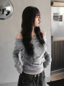 性感露肩紧身长袖上衣，女士秋冬款 - 灰色 - 查看 1