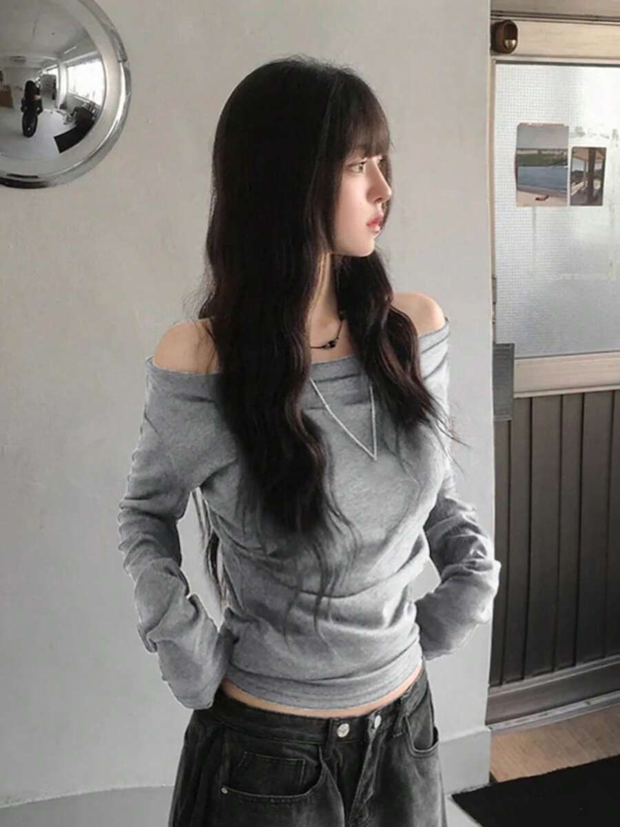 性感露肩紧身长袖上衣，女士秋冬款 - 灰色 - 查看 1