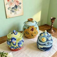 Handpainted Ceramic Classic Oil Painting Series - Vase, Canister, Sugar & Creamer, Coffee Filter Cup, Teapot, Butter Dish, Home & Kitchen Tabletop Decor, Gifts (Starry Sky, Sunflower, Iris) - Multicolor - View 10