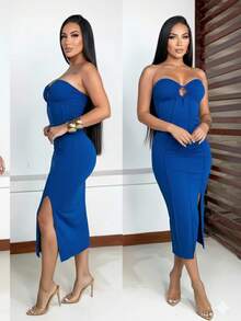 Vestido Femenino Midi Tomara q Caia, com  Argola decote Moda Gringa  elegante   Abertura lateral - Azul - Visão 3